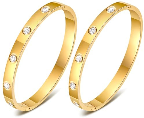 Ahokei Armreif Gold Armband Damen, 18K Gold Edelstahl Damen Schmuck 2PC Titan-Stahl Armband Set 18CM Edelstal Armbänder Armreifen,Geschenk für Sie Frauen