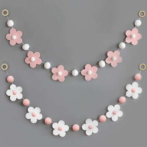 2 Stück Filz Girlande Blumen Girlande Weiß Rosa Filz Kugeln Blume Banner Daisy Girlande Cute Blumengirlande Gänseblümchen Deko Felt Flowers Banners Retro Flower Banner Für Zimmer Deko Schlafzimmer