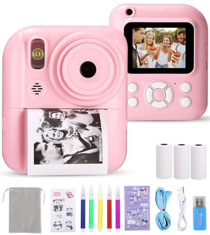 Ixydor niños cámara instantánea,1080P 2.4 Pulgadas de Pantalla de la cámara instantánea de los niños,los niños de vídeo cámara con Papel de impresión y Tarjeta de 32 GB (Rosa)