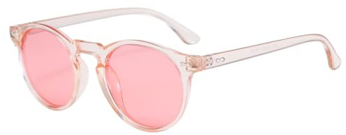 Long Keeper Retro Round Polarised Sunglasses Mens Womens Small Circle Sunglasses Classic Vintage Shades Unisex UV400 Protection Round Sun Glasses (Clear Pink Frame Pink Lens)