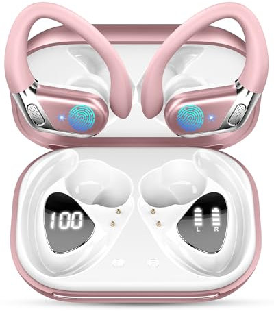 Wireless Earbuds, 2025 Bluetooth 5.4 Headphones Sports, Deep Bass Stereo in Ear Headphone for Running, 50H Wireless Earphones with Mic CVC 8.0 Cancelling Mic, 1.5 H USB-C Fast Charge, Rose Gold