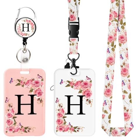 2 pièces Porte Badge avec Lettres A-Z, Lanière Détachable et Clip Rétractable, Porte Cartes Personnalisé avec Enrouleurs de Badge pour Femmes Infirmières Enseignants Étudiants Bureau (H)