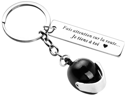 Cadeau Noël Porte-Clé de Voiture Moto Forme Casque en Acier Inoxydable Porte Clef Pendentif Personnalisé avec Fais attention sur la route Porte-Clé de Homme Femme pour Fête Saint Valentin Anniversaire