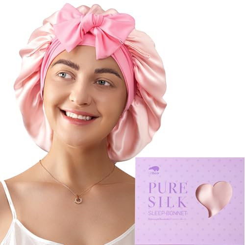 LitBear Cuffia da Notte per Donna in Seta di Gelso 100%, 6A 22 Momme, per Capelli Ricci e Lunghi, Doppio Strato con Fascia Regolabile (Rosa e Rosa Chiaro)