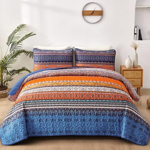 WONGS BEDDING Tagesdecke 220x240 Bettüberwurf Boho Decke Steppdecke 3 Teilig Doppelbett Gesteppt Bettdecke Mikrofaser Wohndecke mit 2 Kissenbezug 50x75 für Schlafzimmer als Sofaüberwurf, Blue Orange
