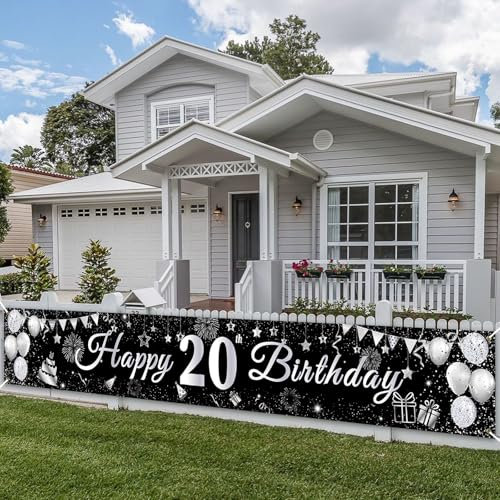 PartyYaa 20. Geburtstag Banner, 20. Geburtstagsbanner Deko, Extra Großes Happy Birthday Banner Party Fotoautomaten Hintergrund Deko Schild Poster für Männer und Frauen (Silber Schwarz)