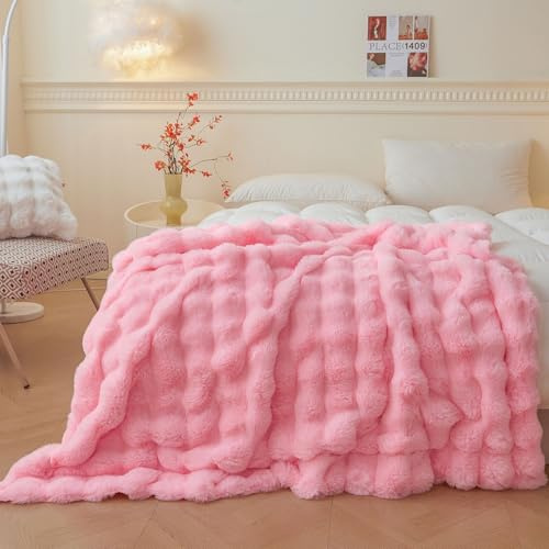 LIFEREVO Fluffy Faux Rabbit Fur Single Throw, Plush Fuzzy Bubble Blanket for Couch Sofa, Soft Cute Furry Bed Blanket Home Decor, Shaggy Lap Throw for Bedroom Living Room Office, 130x150cm, Pink