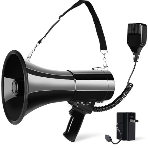 Megafon-Lautsprecher mit wiederaufladbarem Akku, integrierte Sprachsirenaufnahme, lautes Bullhorn mit abnehmbarem Mikrofon und Gurt, unterstützt USB-SD-Abdeckung bis zu 800+ Yards für Aktivitäten im