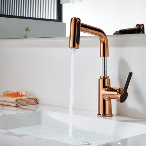 Mitigeur Lavabo avec Douchette Gold Rose Pivotant à 360° Laiton Robinet Douchette Lavabo Salle de Bain en Laiton,Or Rose
