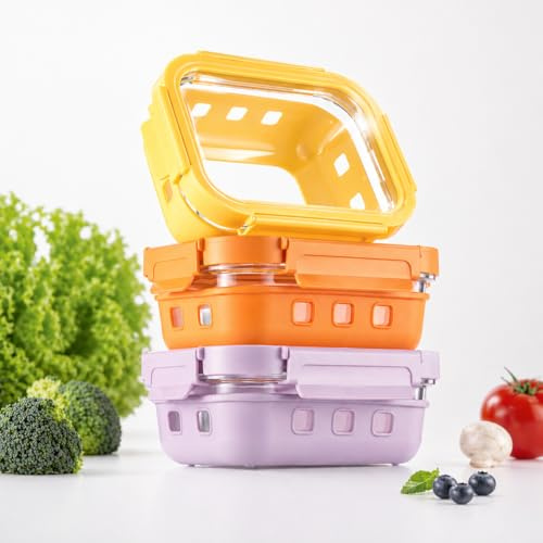 QuaLife Glas Lunchbox Set 3x 640 ml mit Silikon-Schutzmantel & Glasdeckel, Auslaufsicher, Meal Prep Behälter aus Borosilikatglas, Stapelbar, Mikrowellen-, Ofen- & Spülmaschinengeeignet, BPA-frei