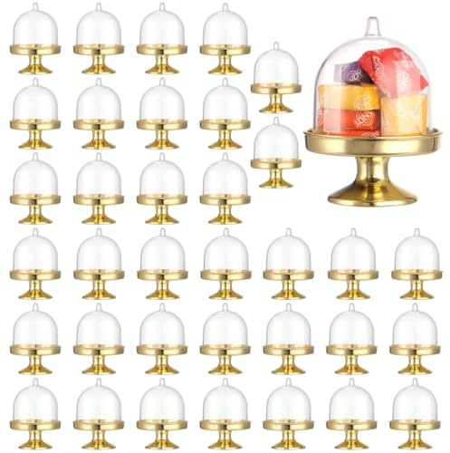 Calolin 36 Pcs Plastic Mini Cake Stands with Lid, Plastic Cupcake Stands Dome Cover, Candy Chocolate Containers, Dessert Display Plates, Wedding Birthday Afternoon Tea Supplies