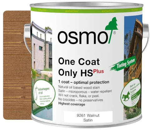 Osmo One Coat Only HS Plus 9261 Transparent Walnut 2.5L – High Coverage Exterior Wood Stain for Cladding & Fencing – One Coat Protection – Water & UV Resistant Satin Finish