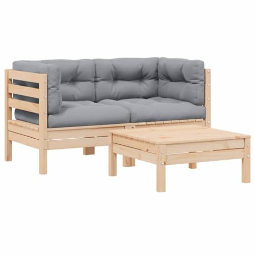 LoogCape 3-TLG. Garten-Lounge-Set, massives Kiefernholz, graue Kissen, robust für Terrasse, Outdoor Möbel, Bequeme Sitzgruppe, erweiterbar