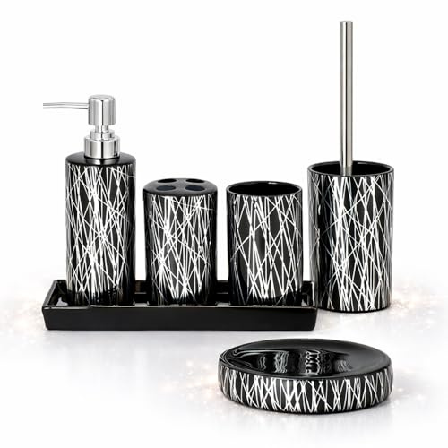 Home Harbour Modern Bathroom Collection | Set of 5/6 Bathroom Accessories | Soap Dispenser, Toothbrush Holder, Storage Holder, Tumbler, Tray Dish | Silver & White Décor (Set of 6 Collection Black)