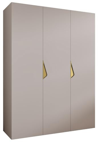 MEBLE KRYSPOL - Kleiderschrank - Garderobenschrank - 150 cm x 202 x 52 cm - Schrank mit Kleiderstange, 3 Türen - für Schlafzimmer, Flur - SANDI, Kaschmir, Griff Gold