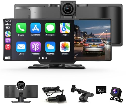 11 Zoll Wireless Carplay Display Für A-ppIe CarPlay und Android Auto mit 4K Dashcam 1080P Rückfahrkamera,Android Display IPS Touchscreen mit AUX/FM,64G TF,Split Screen,Mirror Link,Bluetooth