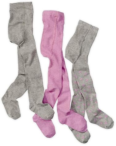 wellyou – Kinder Strumpfhosen Mädchen – 3er Set Baby-Strumpfhosen in Rosa Uni, Grau Uni & gepunktet – Baumwollstrumpfhosen aus Ökotex zertifizierten Materialien (gr 110-116 | 4 Jahre)