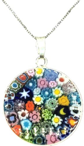 Murrina Millefiori aus Muranoglas mit Rand und Kette aus Silber, Muranoglas (Murano Glass), Silberfarben