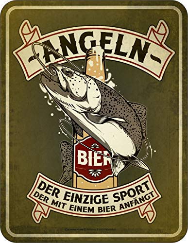 RAHMENLOS Deko Blechschild: Angeln - Die einzige Sportart die mit Einem Bier beginnt