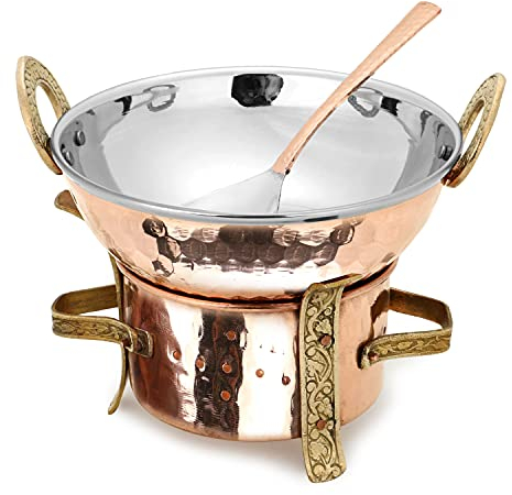 Zap Impex Original indisches 3-teiliges Servierset/Karahi, Angithi, Servierlöffel, Edelstahl mit Kupfer-Finish