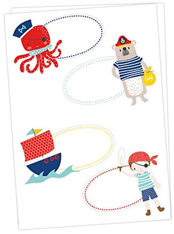 Papierdrachen 8 bunte Sticker zum Beschreiben für Kinder - Motiv Piraten - Ideal zum Beschriften von Schulbüchern und Schulheften oder Geschenken zu Weihnachten