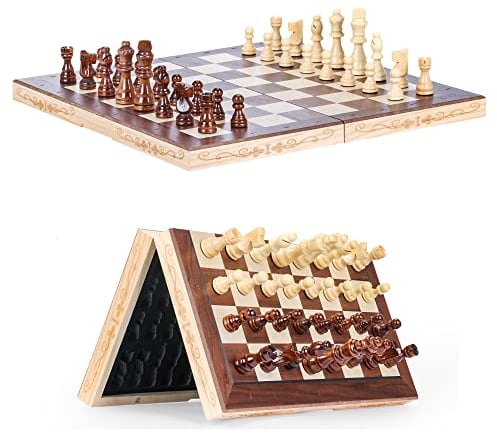 Syrace Magnetic Chess & Checkers Set Board Games, Wooden Foldable Hand Carved Portable Travel Chess Board Game Sets Age 12+ with Game Pieces & Storage Slots 15.74