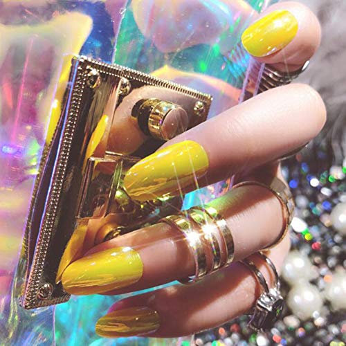 MoreChioce 24Pcs Faux Ongles Miroir,Artificiels Kit de Bouts d'Ongle Strass Ongle en Acrylique 3D Bricolage Nail Art Décoration Glitter Autocollants à Ongles,Jaune