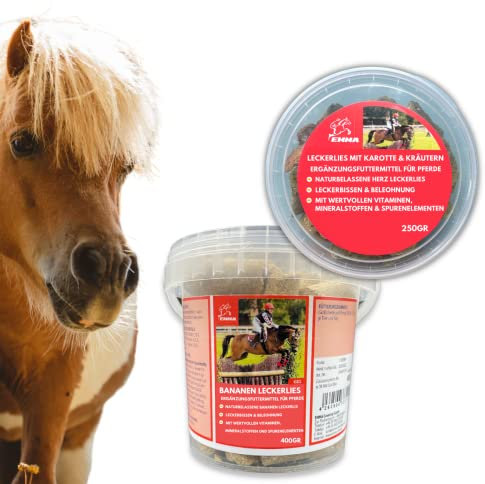 Pferdeleckerlis 3 Sorten I Banane Kräuter Karotte - naturbelassene Pferde Leckerli + Vitamine, Mineralstoffen und Spurenelementen I Zusatz Pferdefutter I Leckerli Mix Pferd Pony Belohnung 250g 400g