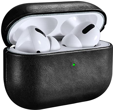 Ledertasche Hülle für AirPods Pro, ICARERSPACE Premium Echtleder Stoßfeste Schutzhülle für Apple AirPods Pro Ohrhörer Ladehülle (LED sichtbar) Unterstützt kabelloses Ladegerät Schwarz