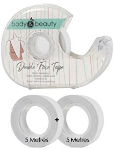 BODY&BEAUTY LOT DE 2 ROULEAUX + DISTRIBUTEUR Ruban adhésif double face pour vêtements, Ruban adhésif double face, double face pour Décolleté (Trasparent, Distributeur + 2 Rouleaux)
