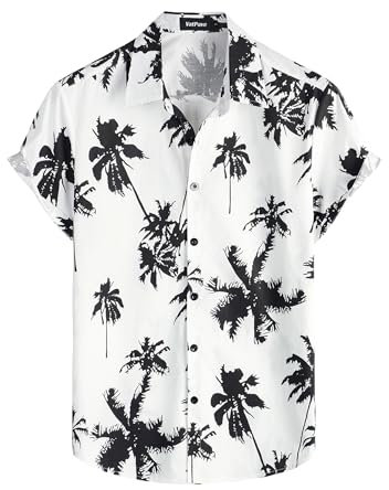VATPAVE Mens 100% Cotton Hawaiian Flower Shirts Button Down Short Sleeve Beach Shirts Summer Casual Aloha Shirts Medium White Coconut Tree Party