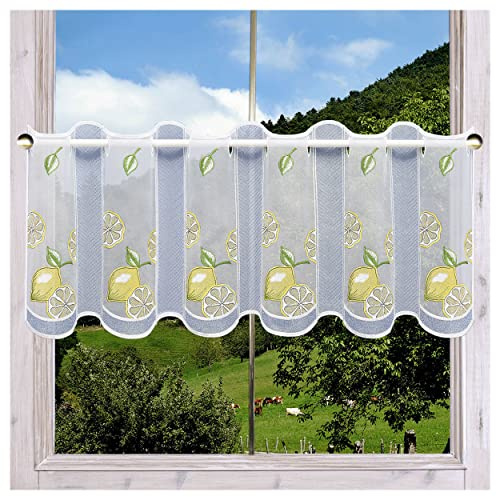 Scheibengardine Zitronen bestickt | Echte Vogtländische Spitze Landhaus Küchengardine & Bistrogardine | Kurzgardine sommerliche-fruchtige Fensterdeko Kurzstore Allzeit-Deko H x B 35 x 155 cm