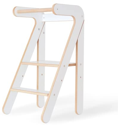 mumy easyONE | Verstellbarer Lernturm mit schmutzabweisenden Oberflächen, hergestellt in Italien aus nachhaltigen, zweifarbig weißen und natürlichen Holzfasermaterialien