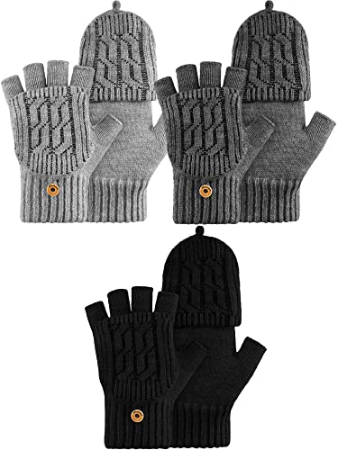 Bencailor 3 Paar Gestrickte Winter Fingerlose Handschuhe Warme Wandelbar Handschuhe mit Klappe für Damen Herren (Schwarz, Hellgrau, Dunkelgrau, Vintage)