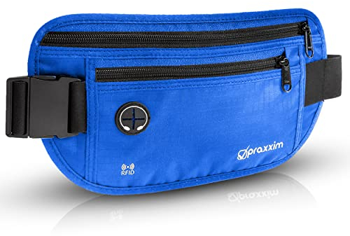 praxxim Bauchtasche für Damen und Herren - EXTRA FLACH - Hüfttasche für Handys bis 7 Zoll - Gürteltasche ideal zum Sport, Reisen und als Lauftasche für Jogging - Bauchtasche blau, stylisch