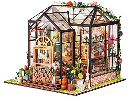 Fai da te in legno Dollhouse Kit Mini Serra con Mobili e LED 1:24 Miniatura Casa Kit Regalo per Compleanno Halloween Ringraziamento Natale