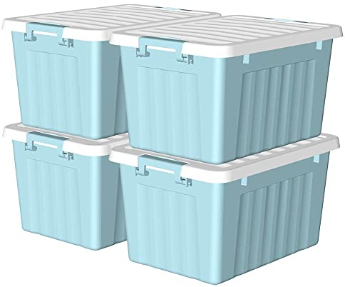 Cetomo 15L*4 Storage Boxes with Lids, Plastic Storage Bins with Latching Buckles, Click Closure, Stackable, Nesting, Organizer for Home Office Clothes, Blue, 15L-4 Pack