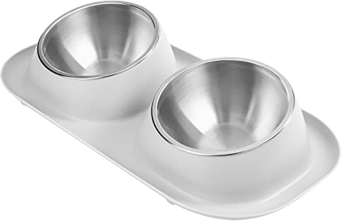 YSQEVN Gamelles pour Chats Inclinable à 15°Bol d'alimentation pour Les Chiots avec Support Double Distributeur de Nourriture en Acier Inoxydable pour Animal de Compagnie Gris
