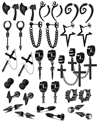 Morfetto 16 Pairs Y2K Punk nero Orecchini per le donne degli uomini Mens Orecchini in acciaio inox freddo Goth Catene Orecchini della vite prigioniera ciondola gli orecchini dei monili Piercing Set