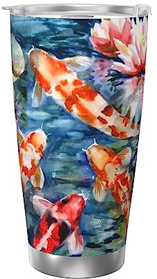 OHWODA Japanischer Koi-Fisch bedruckte 590 ml Tasse mit Deckel, tragbarer Autobecher, Edelstahl-Isolierbecher