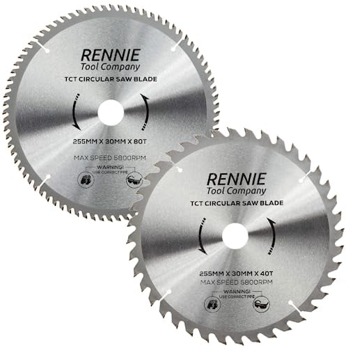 2 Pack - Rennie Tools - 255mm x 40T & 80T x 30mm Bore TCT Circular Wood Saw Blade Includes 25mm 20mm & 16mm Bore Reduction Rings. Compatible with Bosch Makita Dewalt Circular Saw Etc