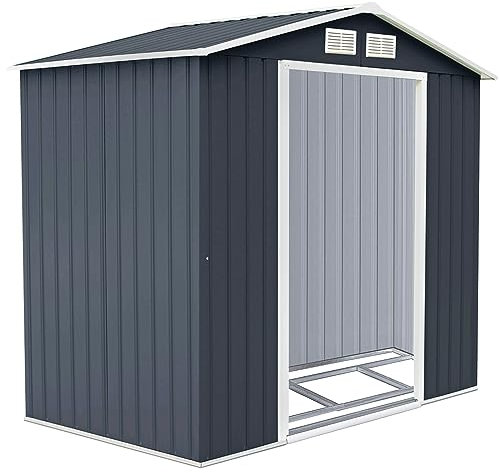 TANGZON 7x4FT/8.5x7/9x6FT Metal Garden Shed, Galvanized Roof Tool Storage House with Double Sliding Doors, Floor Foundation, Ramp & Louvers, Outdoor Gardening Shed Box (7x4FT, Dark Grey)