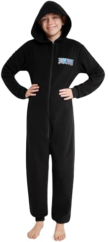 One Piece Pigiama Intero Bambino - Pigiamone in Pile Caldo 7-14 Anni - Pigiami Interi Bambini con Cappuccio Anime Gadget Regalo (Nero, 9-10 Anni)