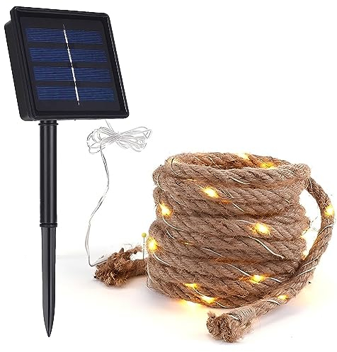 DINOWIN Solar Lichterkette Seil Aussen Wetterfest Sisalstern Beleuchtet Lampe Vintage LED Hanfseil Gartenleuchte Deko für Garten Terrasse Balkon Bäume Weihnachten (10M 200 LED)