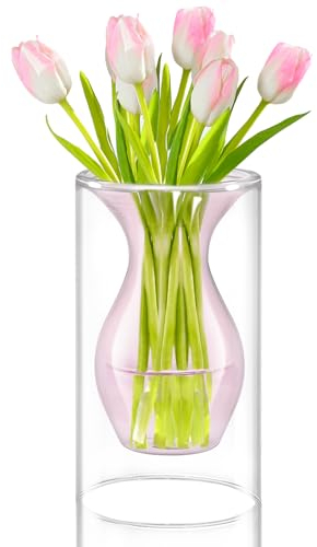ZENS Vase Glas für tischdeko, Moderne Geometrische Glasvasen Blumenvasen Pinkes Glas Vasen für Wohnzimmer Heimdekoration Hochzeit deko,pinkes