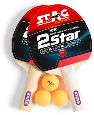 STAG Iconic 2-Star Table Tennis Set | Color: Multi-ColorWood/Orange | Size: 2 Rackets & 3 Orange Balls | Material: Wood | Gender: Unisex | Lightweight Design | Ergonomic Flared Handle
