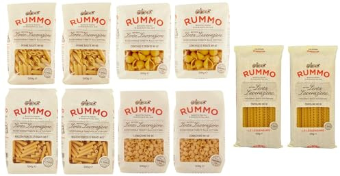 10er-Pack Testpaket Rummo Pasta Maccheroncelli - Penne Rigate - Conchiglie Rigate - Lumachine - Tripoline ,Italienische Nudeln aus Hartweizengrieß,Italienische Pasta 500g