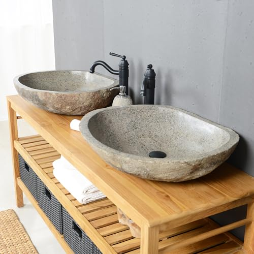 60 cm rund Naturstein Doppelwaschbecken grau von WOHNFREUDEN - Unikat Auswahl Naturstein Aufsatzwaschbecken Flussstein Waschbecken Badezimmer Bad Waschbecken