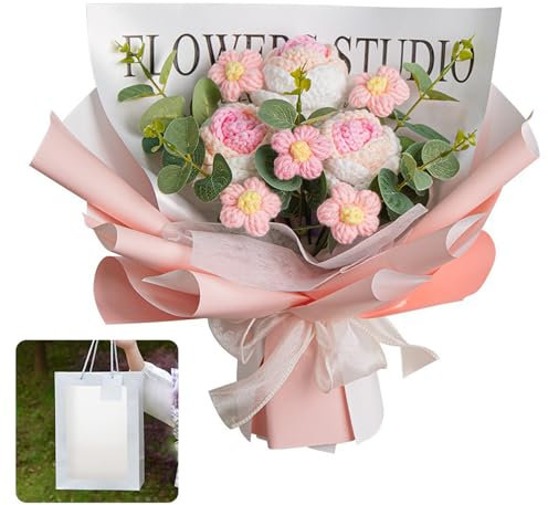 NLDGR Häkelsträuße, Gehäkelte Blumen, Häkelblumenstrauß, Gestrickt, Handgefertigt, Künstlicher Rosen-Gänseblümchen-Blumenstrauß, für Muttertag, Hochzeitsgeschenk, Heimdekoration (1)