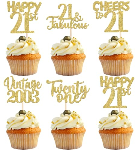 30 Stück Vintage 2003 Cupcake Toppers Glitzer Happy 21st Geburtstag Tortendeko Cheers to 21 Fabulous Twenty One Kuchen Deko für 21st Geburtstag Hochzeit Jahrestag Party Gold